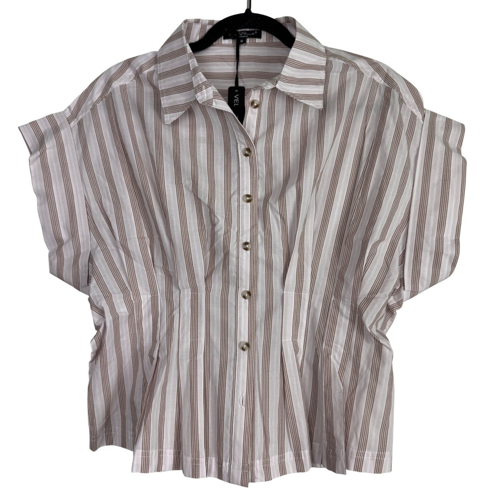 Velvet Heart Striped Button Down Blouse Cinched Waist Coastal Preppy NWT Med